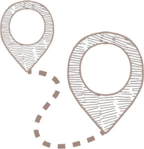 Two location pins connected by a dotted curved line on a green background.